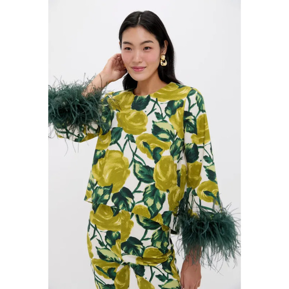 Tuckernuck Tops - NWT Tuckernuck Giverny Gardens Maxine Top | Yellow Rose Print + Feather Cuffs
